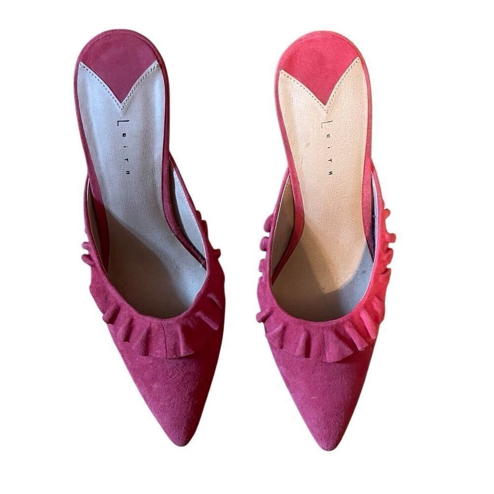 LEITH | pink suede mule heels with ruffle detail 8 - Picture 2 of 14